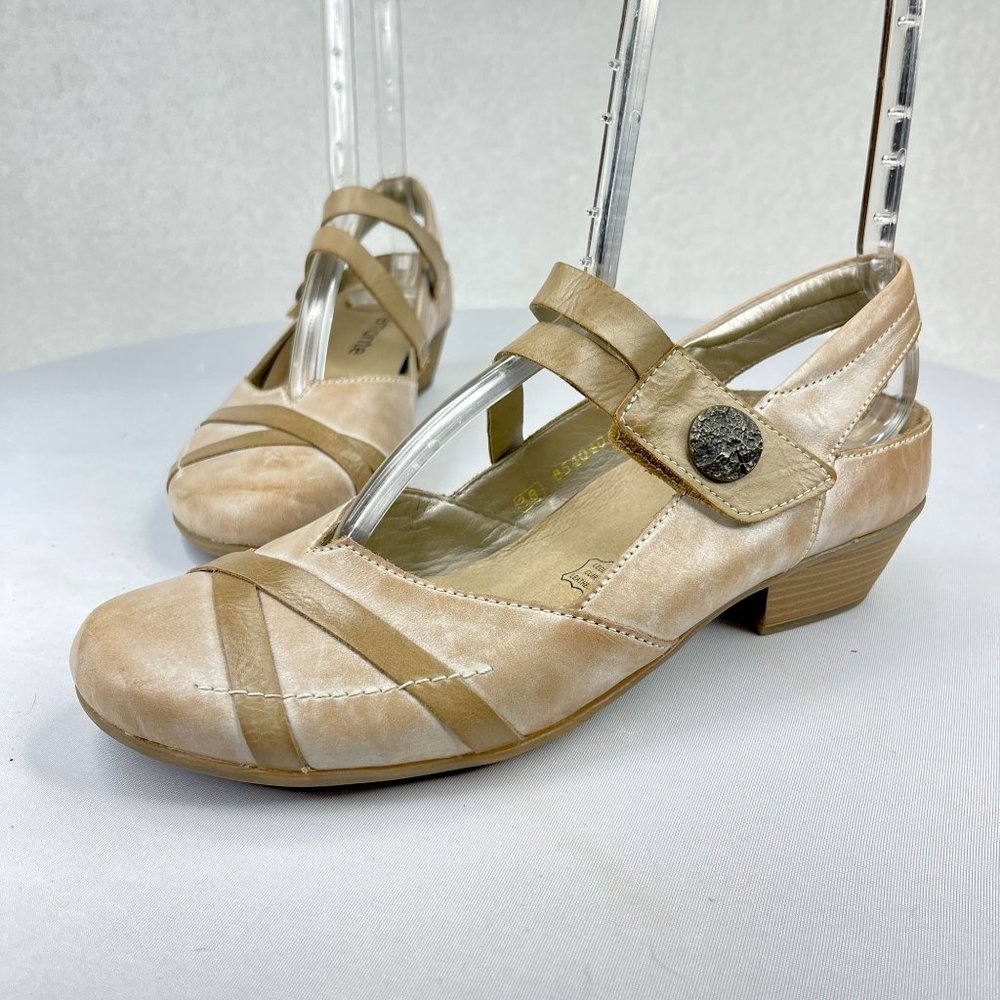 REMONTE Womens 38 Leather Tan Mary Jane Sandals Hook Loop Closure Rubber Sole